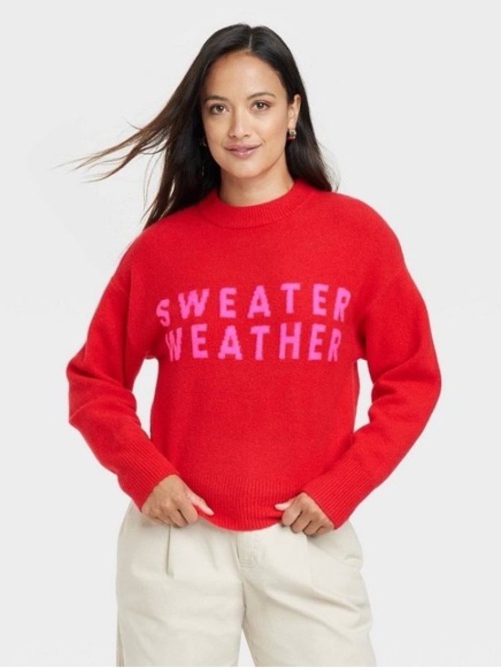 a new day Red Crewneck 'SWEATER WEATHER' Sweater with Pink